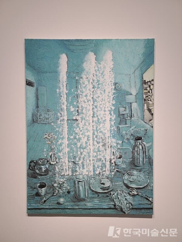 Fountain 분수, 2023, Black ink, white powder, tempera and gouache on Korea paper mounted on wood 169 X 146cm출처 . 갤러리 현대