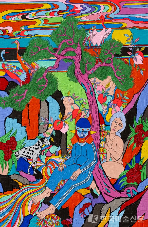 &nbsp;성태진 바람이불어꽃이떨어져도, 2023, acrylic and ink on embossed woodpanel 170x110cm (자료제공: 이길이구 갤러리)