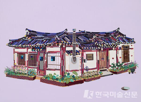 제미영&nbsp;조각풍경, 캔버스에 아크릴, 한지,알루미늄, 실크 바느질콜라주, 72.7x100cm, 2022