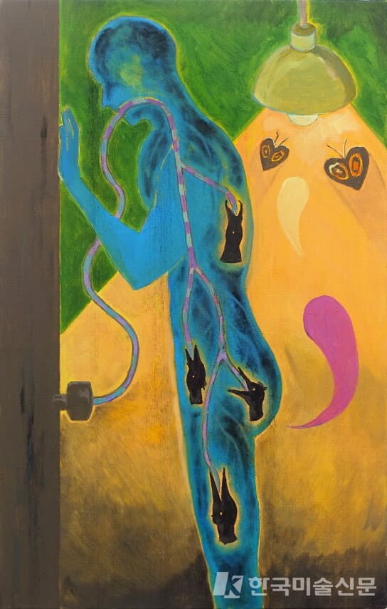 Feeding birds(under the light)&nbsp;Oil and charcoal on canvas, 53x33.3cm, 2023