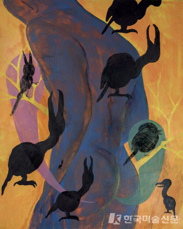 Treed Codependency(Yellow branches)&nbsp;Oil and charcoal on canvas, 91x72.7cm, 2023