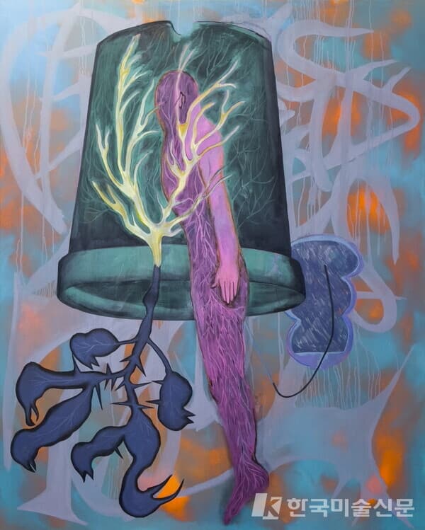 Treed Codependency(Green pot)&nbsp;Oil and charcoal on canvas, 160x130cm, 2023