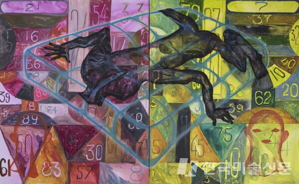 Morphing Training(skin and one to ninety)&nbsp;Oil and charcoal on canvas,80x200cm, 2023