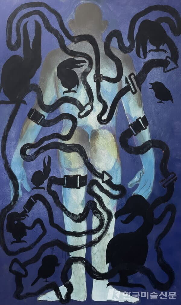 Treed Codependency(Tight vein)&nbsp;Oil and charcoal on canvas,162x97cm, 2023