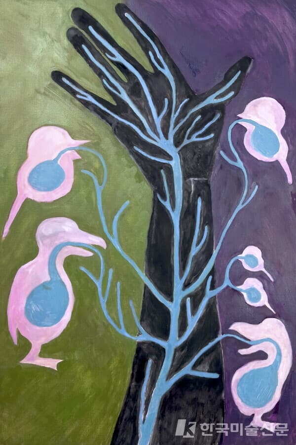 Treed Codependency(Feeding form veins)&nbsp;Oil and charcoal on canvas, 91x60.6cm, 2023
