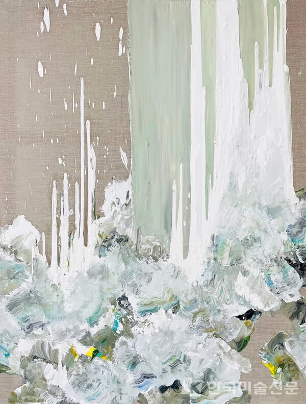 정진, 떨어져야만 솟아오른다, Oil, Acrylic, and Gesso on Canvas, 146x112cm, 2023