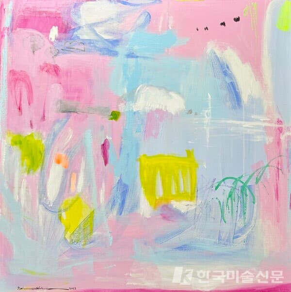 신지아, Pink Punk, 80.3x80.3cm, acrylic and oil pastel on canvas, 2023