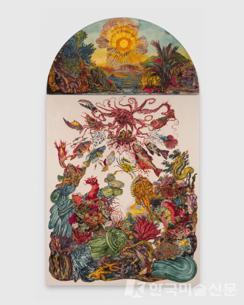 KEN GUN MIN/ 1992 Western Ave., 2023/ Oil, Korean pigment, silk embroidery thread, beads, crystals, 112 x 64inches, 284.5 x 162.6cm (Photo by Edward Mumford)