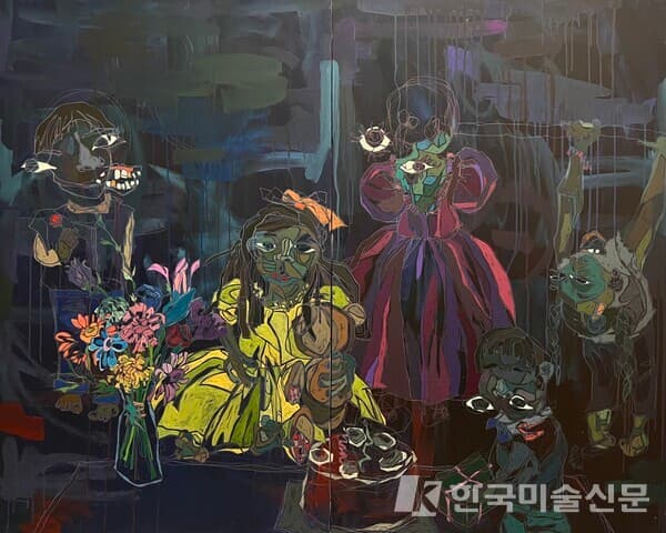 신다인,&nbsp;: Mixed midea (acrylic gouache, colored pencil) on canvas, 130.2 x 160.2cm, 2024