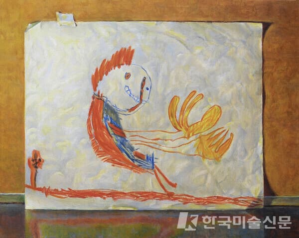(Still Life with Childhood Drawing 1971: Stumble, 2020, Oil on Linen, 51cmX40.5cm)