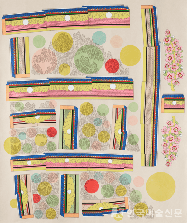 한글자풍경-달, 2024, 한지 위에 먹지로 드로잉, 채색, 종이판화, 140 x 118 cm
