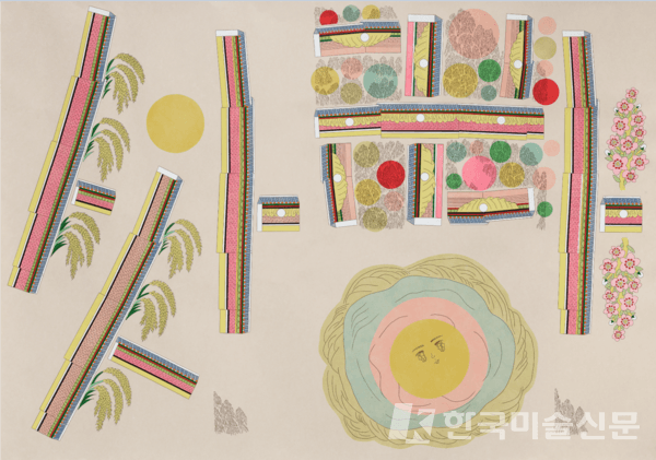 한글자풍경-싸랑, 2024, 한지 위에 먹지로 드로잉, 채색, 종이판화, 210 x 150 cm