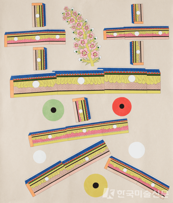 한글자풍경-꽃01, 2024, 한지 위에 먹지로 드로잉, 채색, 종이판화, 140 x 118 cm