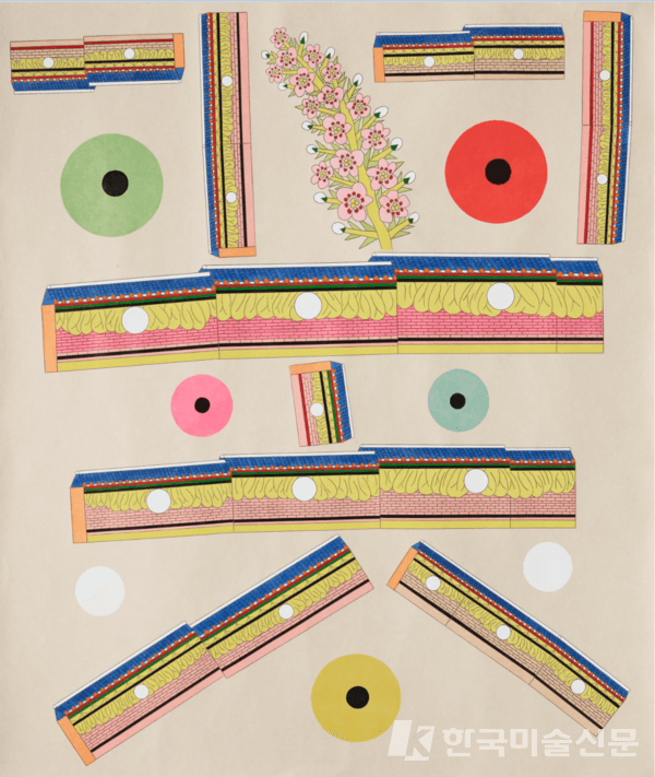 한글자풍경-꽃2, 2024, 한지 위에 먹지로 드로잉, 채색, 종이판화, 140 x 118 cm