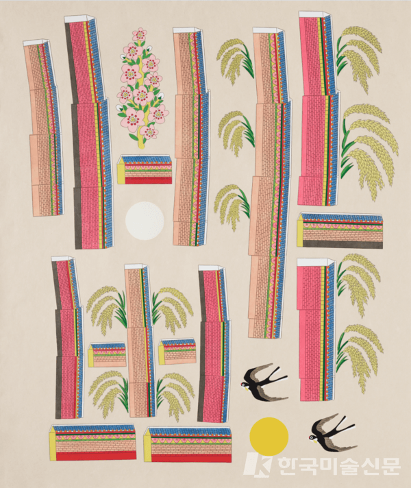 한글자풍경-밥, 2024, 한지 위에 먹지로 드로잉, 채색, 종이판화, 140 x 118 cm