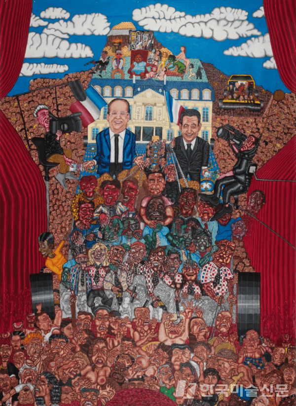 Guignol&rsquo;s band, 2014 - 계속, 320x250 cm, 캔버스에 아크릴, (infinie &oelig;uvre &eacute;volutive suivant les &eacute;lections, 선거 결과에 따라 계속 진행되는 작품)