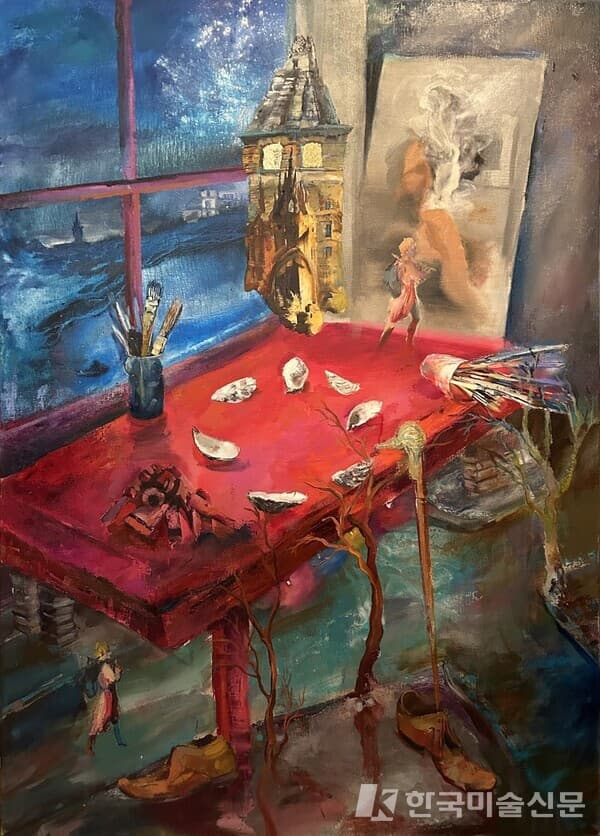 Conjuring of the Tower. 2023. Acrylic, Acrylic Ink, Oil, Gold and Copper Leaf on Canvas. 160 x 115.2cm /선화랑 제공