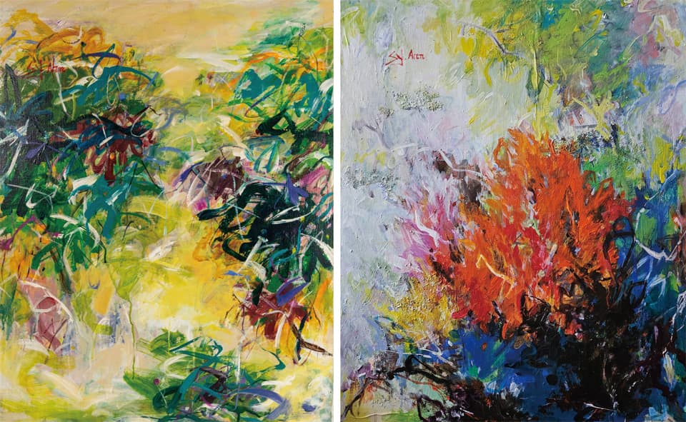 안선영 화백 _&nbsp;좌>자연공감A-2 (61x73 acrylic)&nbsp; 우>passion flower (61x73, acrylic on canvas)
