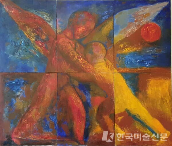 사진제공 : 갤러리 까르찌나, 올가 불가코바 (1951~), 천사와 싸우는 야곱, 2016년 180x 210, (6단화) 캔버스에 유채 / 현존하는 러시아 모더니즘의 대가로 세계 미술 시장에서 러시아를 대표하는 화가로 활동 중. 강렬한 색감 속에서 묻어나는 깊은 인상은 러시아 대화가들의 감흥을 뛰어 넘는 걸로 평가 받는다.