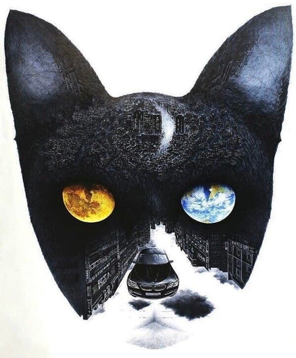 [사진=홍민호 작가] Best Modern World 4 2012, 130cm x 162cm, Maker-pen on Canvas, 가장 한국에서 흔히 보게 되는 길고양이 눈에 비친 우주속의 지구 그리고 밤의 도시.
