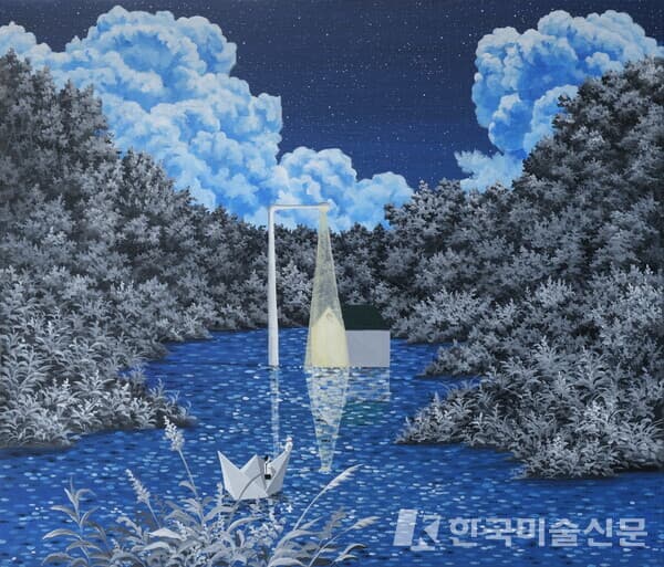 가로등이 있는 호수, 45.5 &times; 53.0cm, acrylic on canvas with charcoal, 2023
