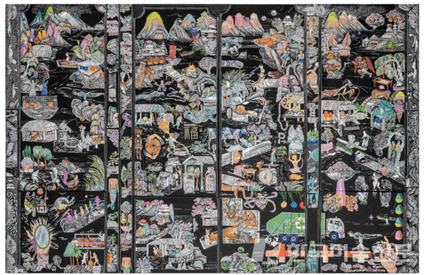 Eunjin KIM, Locations of God_Hordes of People 1, Acrylic, mother of pearl, wood panel, 208 x 100 x 5 cm