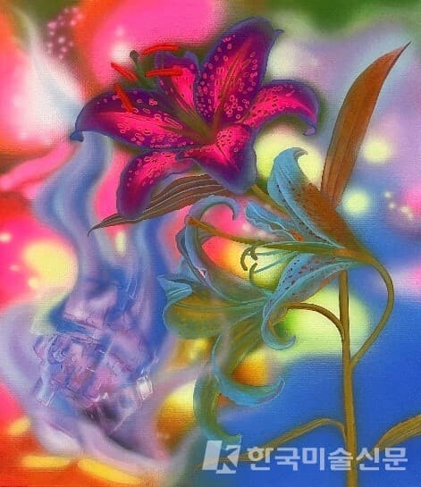 Jiun Koo, Stargazer lilies and rock-second, 2024, Acrylic on canvas stretched on wood panel, 53x45.5cm / &copy;Ingahee Gallery