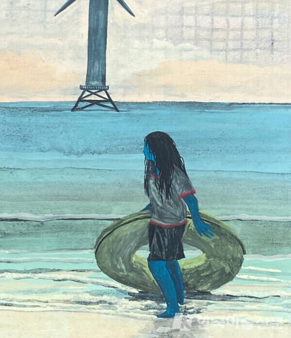 [사진=강수희 작가] 잊지 못하고, 2021, color on linen, 22(w)x 27(h)cm재주도 생활을 잠시 접고 서울로 가야했던 시기에 그린 작업. 서울로 가야하는 작가의 모습이 마치 해수욕장에서 아직 물놀이를 더 하고 싶지만 엄마가 불러서 가야만하는 어린아이의 마음을 은유하여 그린 작품이다