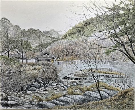문경새재에 봄이 깃들다,140x110cm,수묵담채,2024&nbsp;다리 저편에 보이는 나무들의 군락에 스며든 봄의 아우성 (사진=이상표)