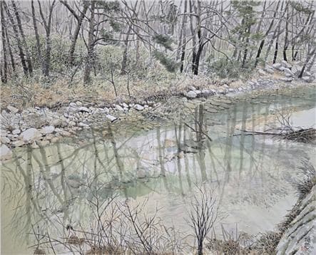 문경새재 시냇가에 흐르는 봄의 소리,70x85cm,수묵담채,2024물속에서 드러내는 돌과 바위들의 모습 그리고 그들을 스쳐 지나는 봄의 소리 (사진=이상표)