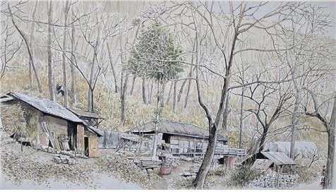 자연에 묻히다,92x53cm,수묵담채,2024&nbsp;​​​​​자연에 묻혀사는 두 노부부의 삶을 가지에 사이좋게 앉은 새 두 마리로 형상화 (사진=이상표)
