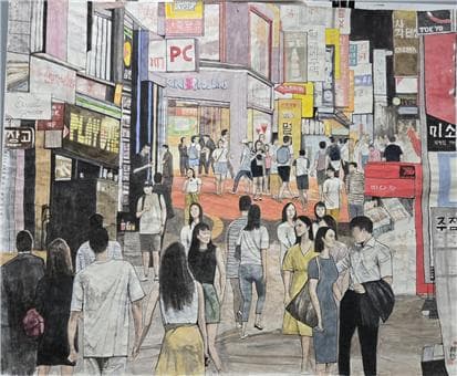 젊은이들의 거리, 어울림,120x98cm,장지에 채색,2024 젊은이들의 몸짓언어 그리고 자연스러운 어울림&nbsp; (사진=이상표)