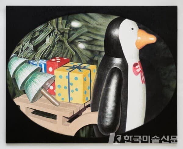 현오,InsideMistletoe, 2024, acrylic on Korean paper on wood panel, 130.3x162.2cm / 사진 최철림, 인가희갤러리 제공