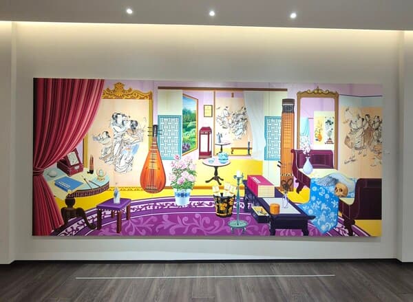 남경민 전시장 전경, 초대받은 N-김홍도 화방을 거닐다, Oil on linen, 200x450cm, 2014 (사진=이미희 기자)