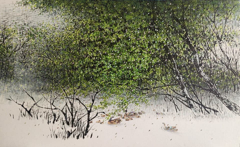 가족2&nbsp; 65&times;39.5cm 장지 먹 채색 자개 옻칠&nbsp;[사진= 전병운 작가]