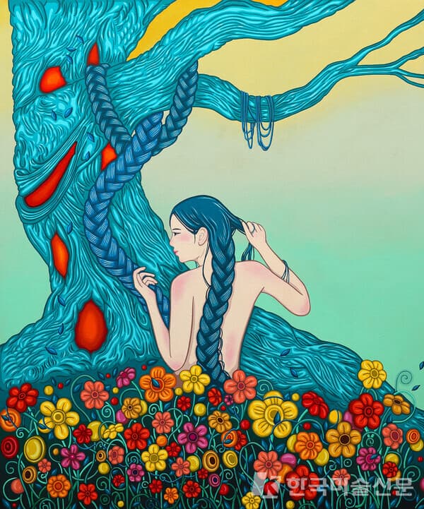 Under the Blossoms, the wound sleeps72.7 x 60.6 cm 20F Acrylic and Gouache on Hanji 2025