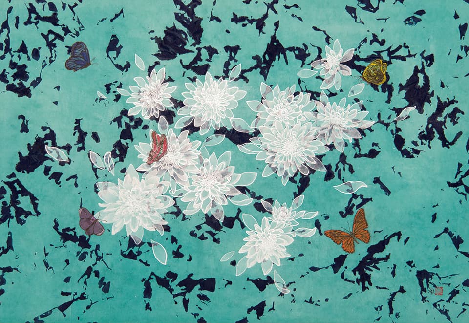 국화에 마음을 놓다 _아침을 열다 &nbsp;116.8x80.3cm &nbsp;순지에 혼합채색 &nbsp;2018&nbsp;( 사진 = 이금휘 작가)
