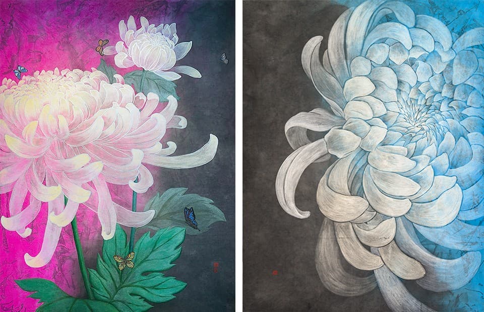 국화에 스며들다 _ (좌)카르페디엠 1 112.1x145.5cm &nbsp;순지에 채색(분채, 은분) &nbsp;2021 (우)&nbsp;카르페디엠 2 112.1X145.5cm 순지에 채색(분채,은분,먹) 2025&nbsp;( 사진 = 이금휘 작가)