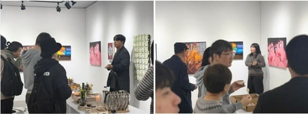초대 작가&nbsp;▲김상엽(좌) 조은서(우)작가 개막식 중 작품설명을 하고 있다.