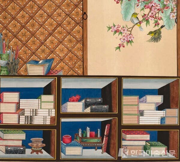 안미옥, 책가도-년후, 70x50, 옻지, 분채, 2025&nbsp;(제공=갤러리은)