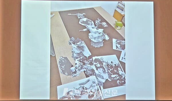 ▲ 신학철 작가의 콜라주 작업이 소개된 강연 자료. 사진과 이미지의 재구성을 통해 시대의 현실과 사회적 메시지를 드러낸 한국 실험미술의 중요한 사례로 언급됐다.&nbsp; ⓒ엄미영