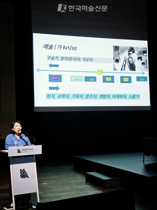 예술가(Art/ist)의 역할 변화를 설명를 설명하는 박남희 관장의 모습&nbsp; &nbsp;&nbsp;ⓒ엄미영 미술전문기자