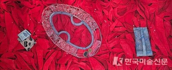 ▲ 이도소, 〈액자와 실리카겔〉, 장지에 채색, 130&times;324cm, 2026.&nbsp; &nbsp;ⓒ이도소 작가 제공
